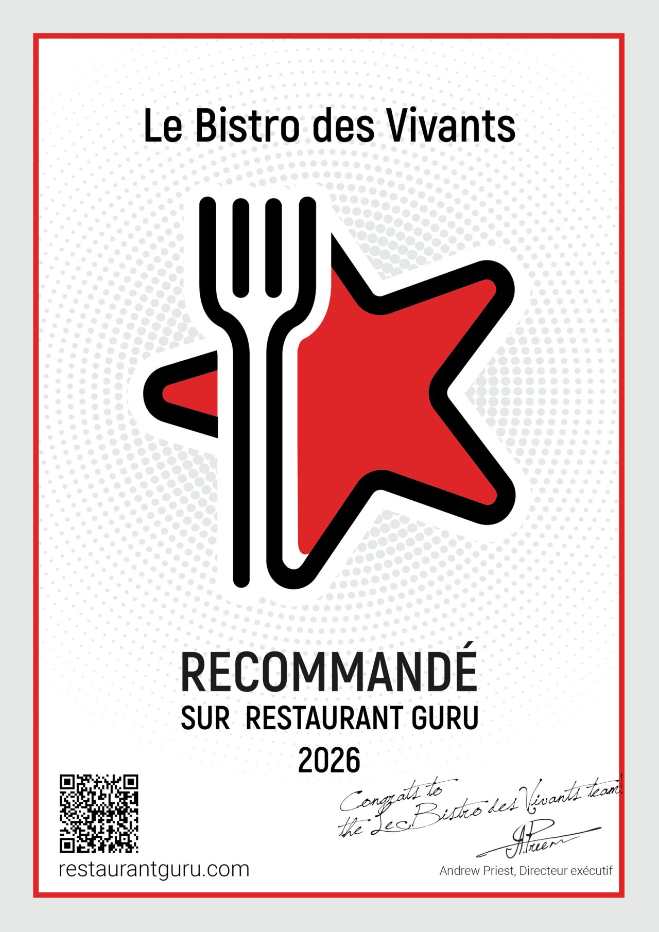 🏆 Le Bistro des Vivants récompensé par Restaurant Guru