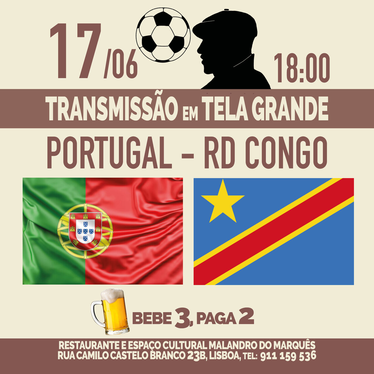 PORTUGAL - RD CONGO. TRANSMISSÃO DE JOGO EM TELA GRANDE