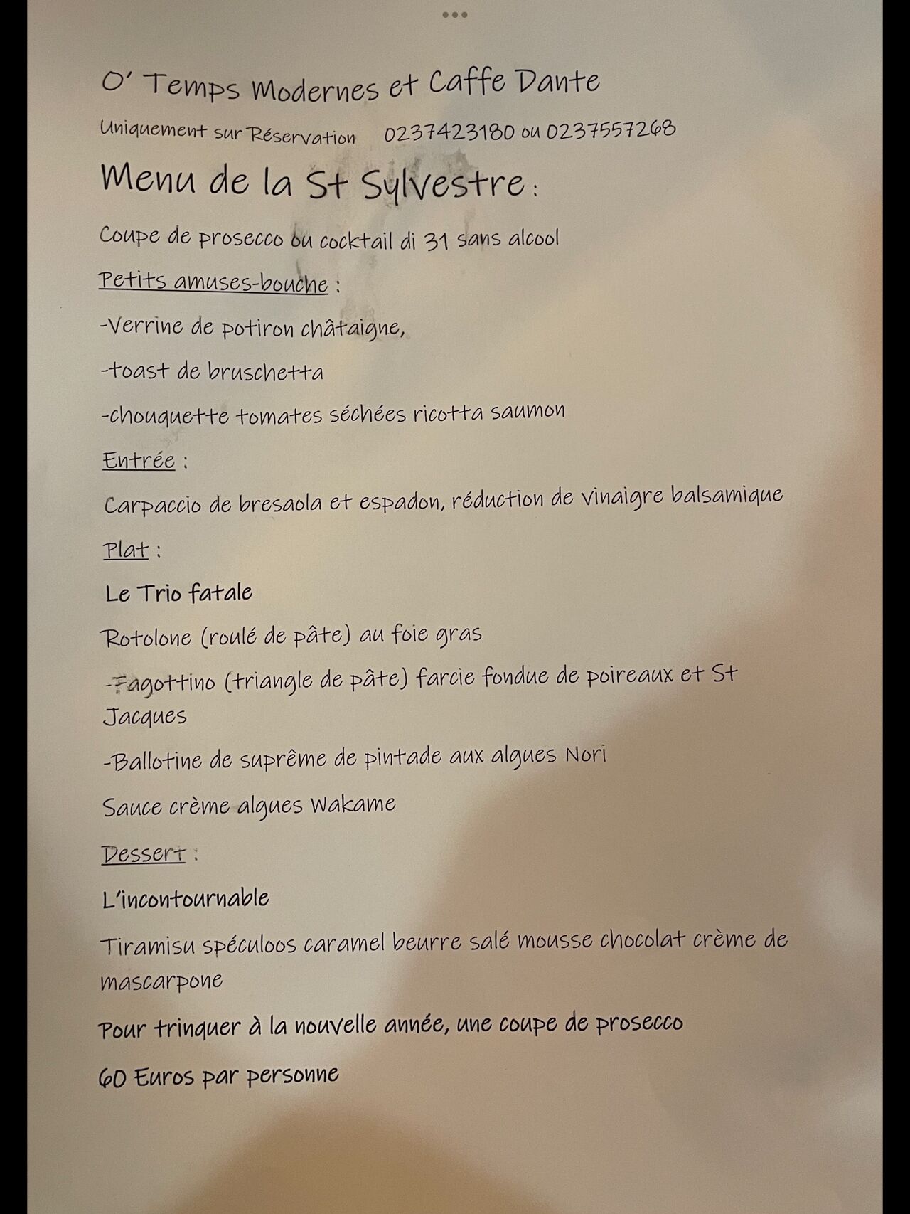 Menu pour le 31 Décembre !
