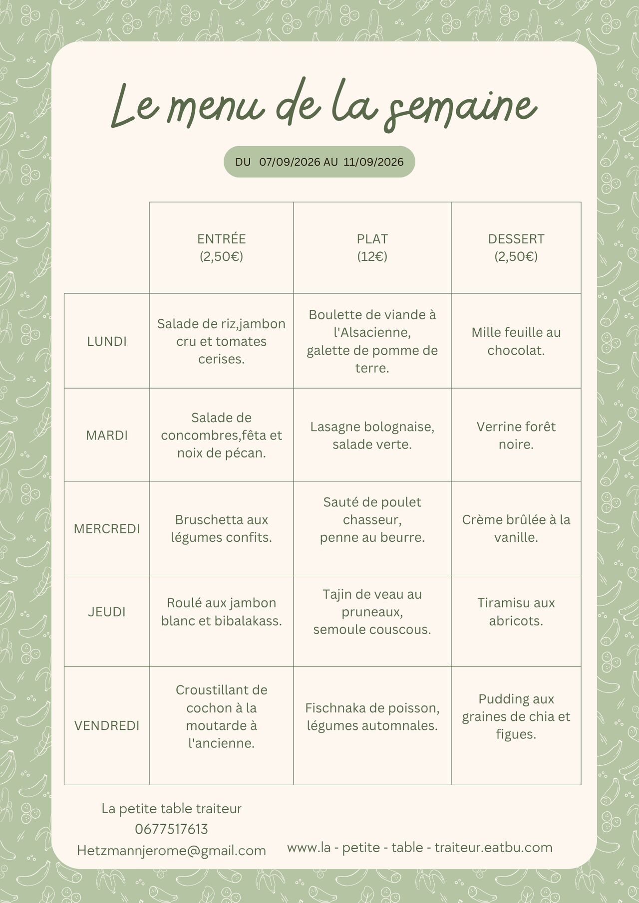 Menu du jour du 07 au 11 septembre 2026
