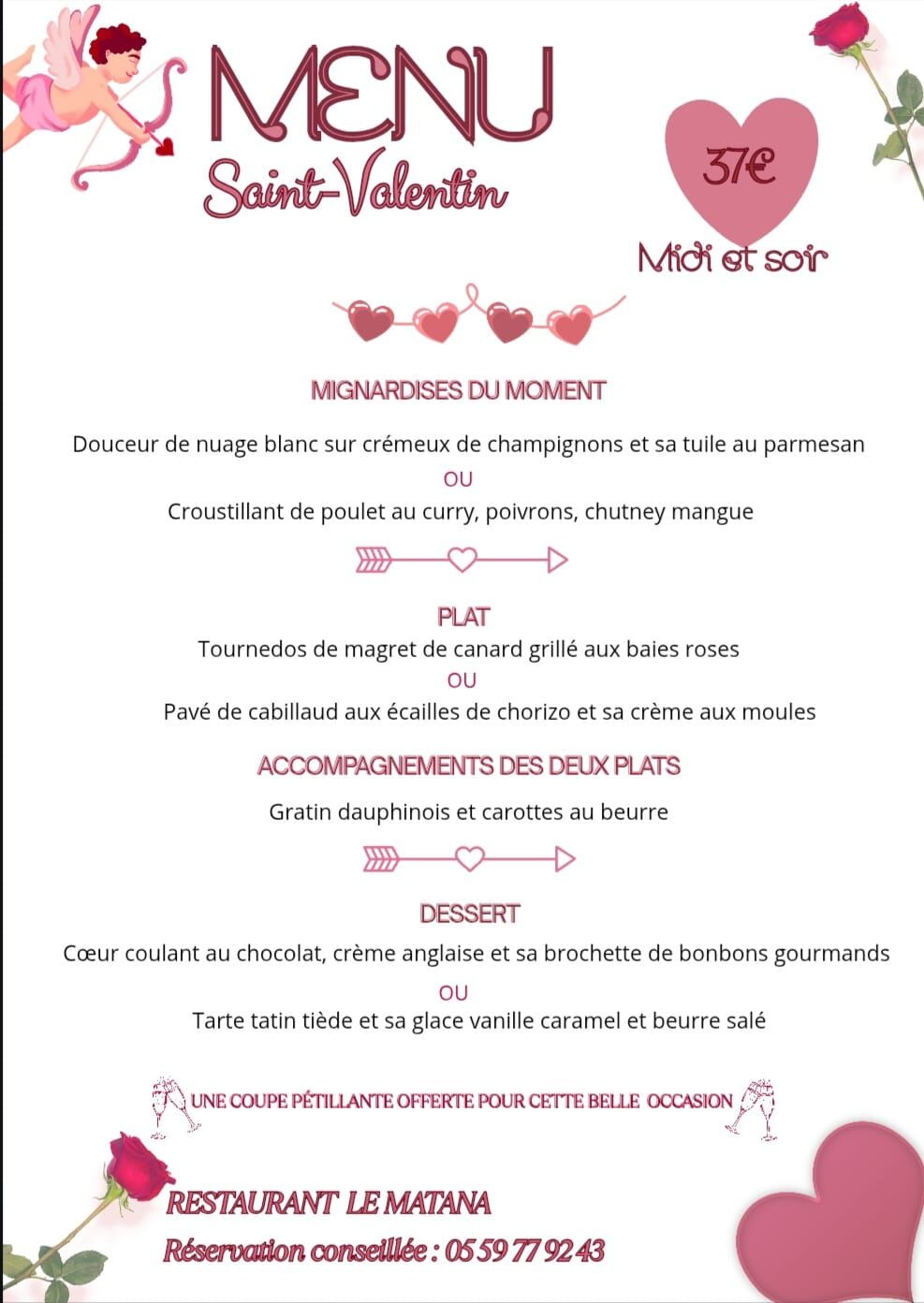 Menu saint valentin du samedi 14 février midi et soir