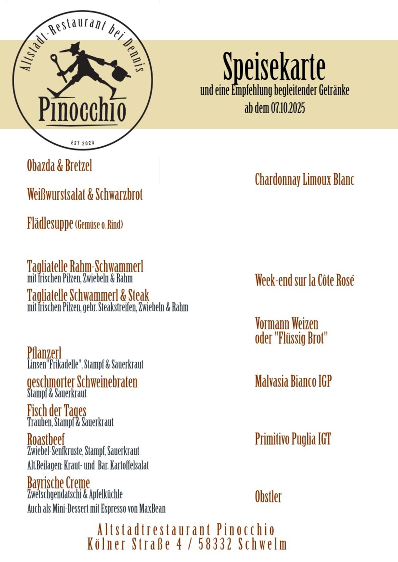 Unsere Speisekarte vom 07.10 bis 18.10.25