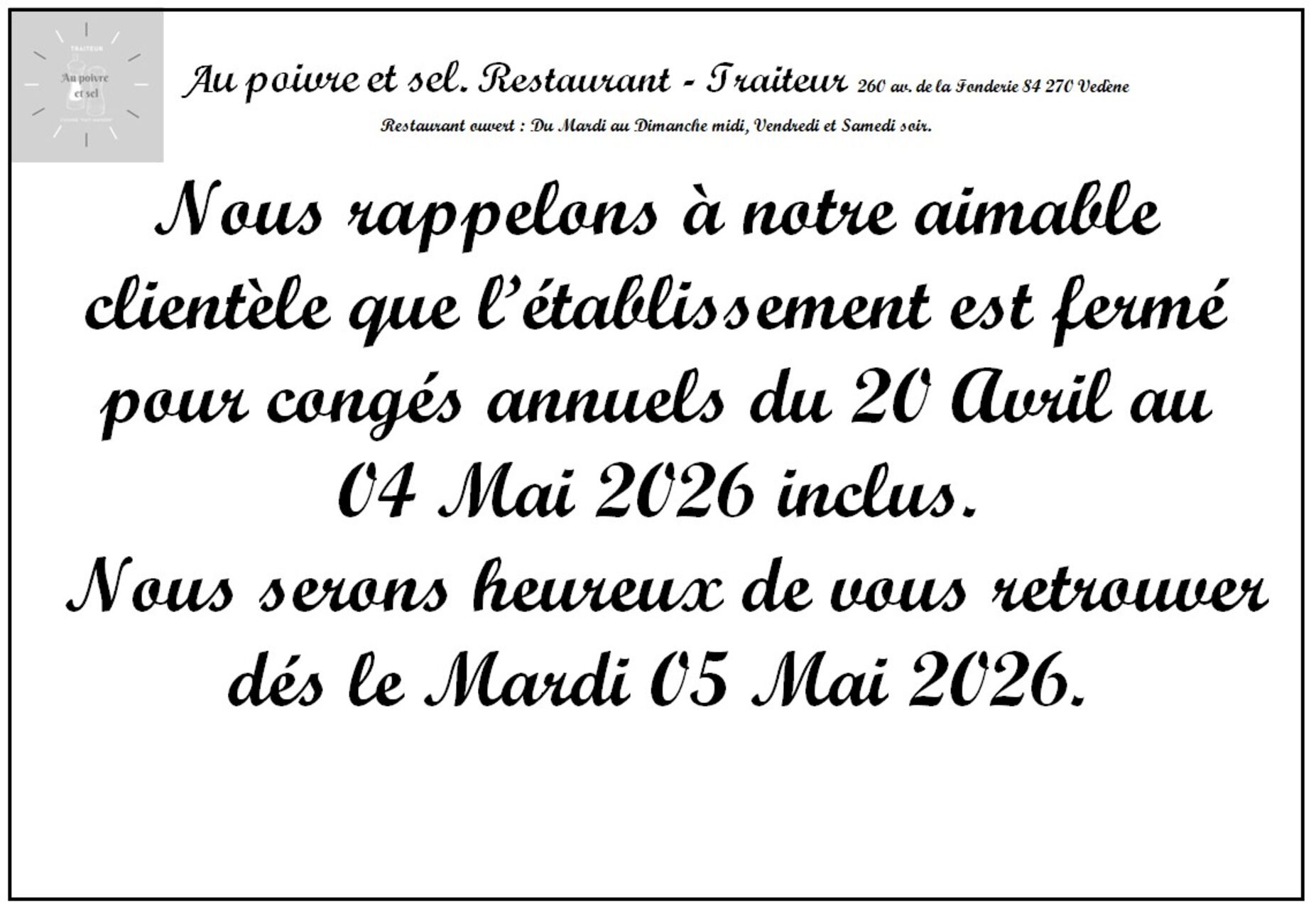 Fermeture vacances