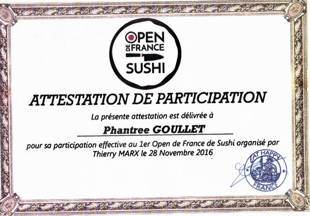 Diplôme remis à Chef ONE, par THIERRY MARX à l’OPEN de FRANCE SUSHI 