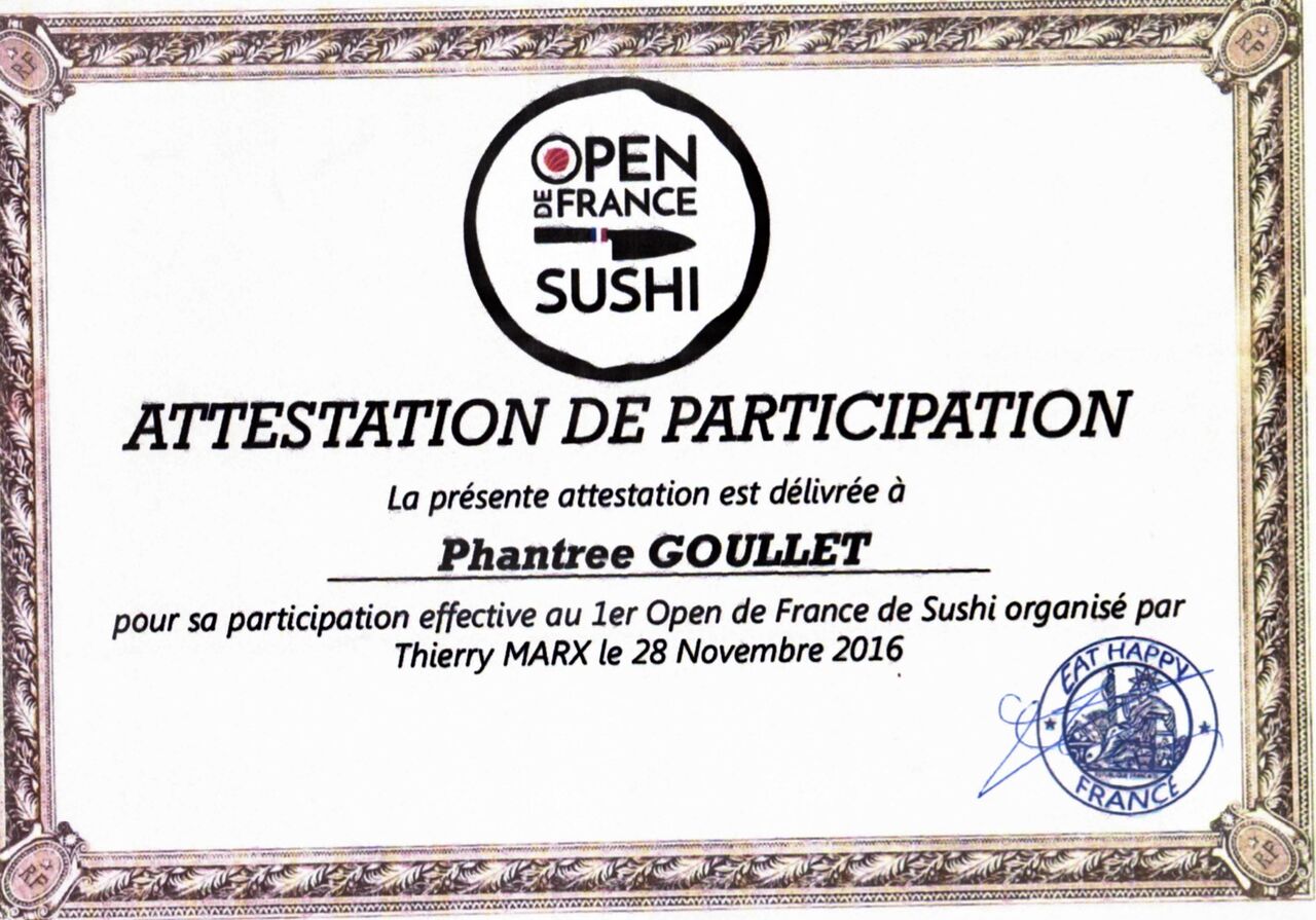 Diplôme remis à Chef ONE, par THIERRY MARX à l’OPEN de FRANCE SUSHI 
