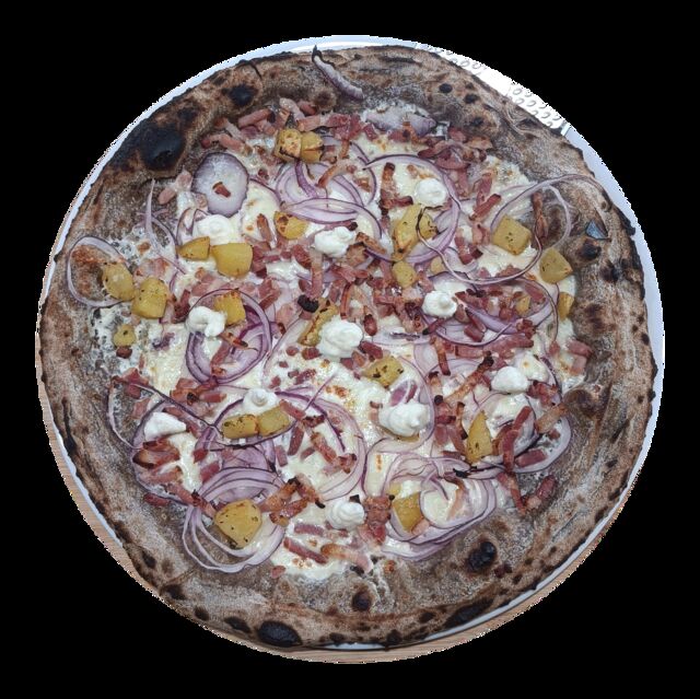 Mai La Parmigiana Rustica- Base crème, oignons rouges, pommes de terre rôties, lardons fumés, crème de parmesan maison 