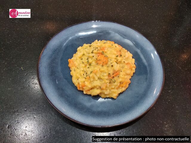 Plat végétarien : riz fondant et carottes au crémeux de lentilles corail cuit dans un bouillon de légumes maison
