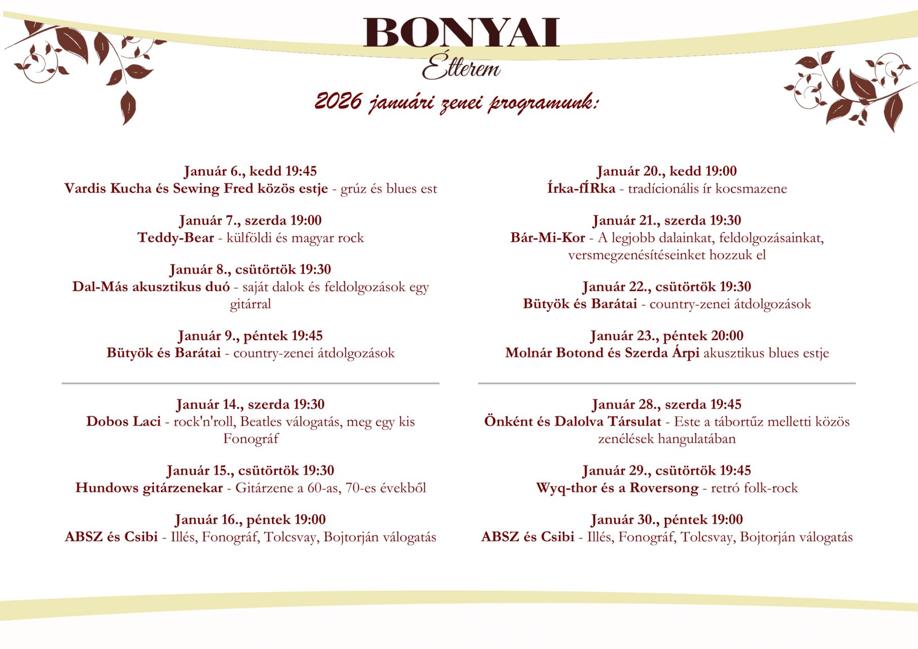 2026 januári zenei programunk: