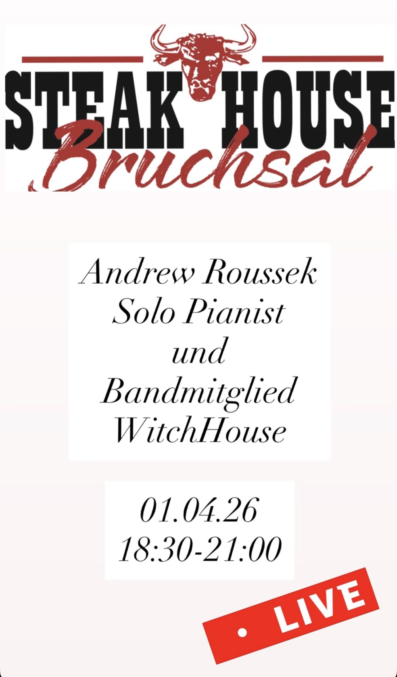 Solo Pianist Andrew Roussek 01.04.26 / 18:30 - 21:00