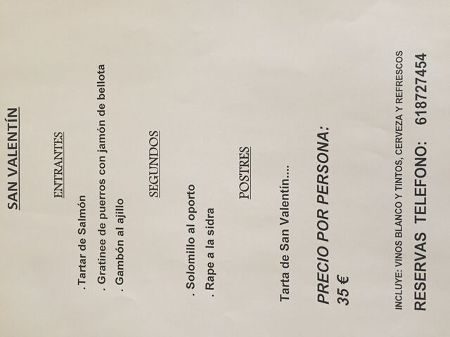 Menú especial día de los enamorados.
14/02/2020