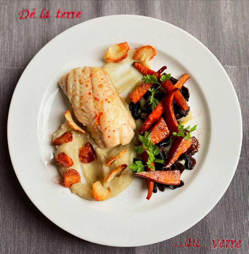 Filet de lieu noir, mousseline de topinambours et huile de truffe blanche