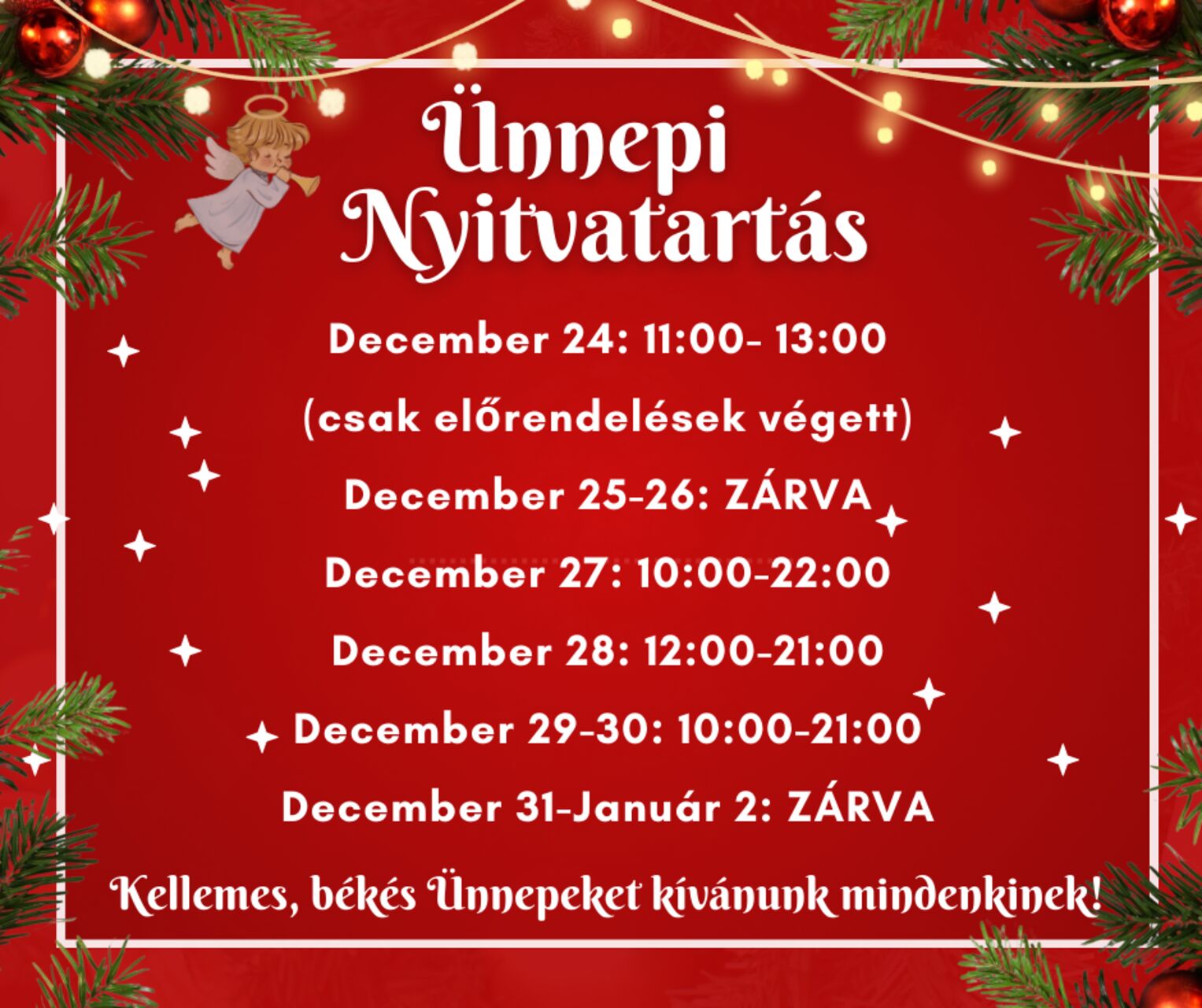 ÜNNEPI NYITVATARTÁS