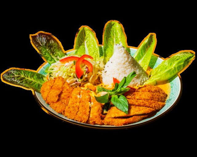 Reis mit Curry dazu Gebackenes Hühnchen 