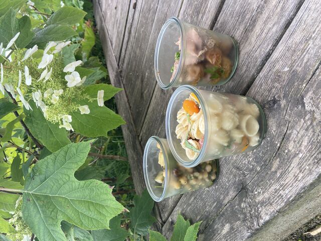 Oriechiette, tomate cerise, jambon, mozzarella, basilic. Dinde et Pomme grenaille. Salade de pois chiche à l’orientale