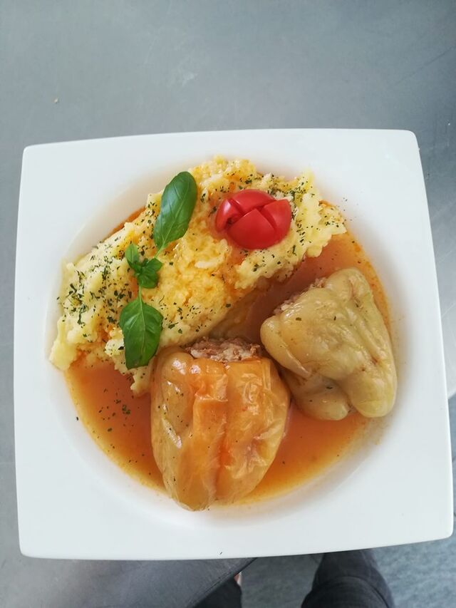 Peppers stuffed with meat served with mashed potato -must have traditional and regional food in our bistro in Okrug near Trogir.