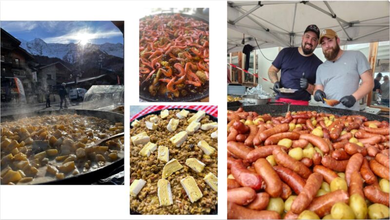 Nos poeles géantes: Paella, diots au vin blanc, poulet basquaise....