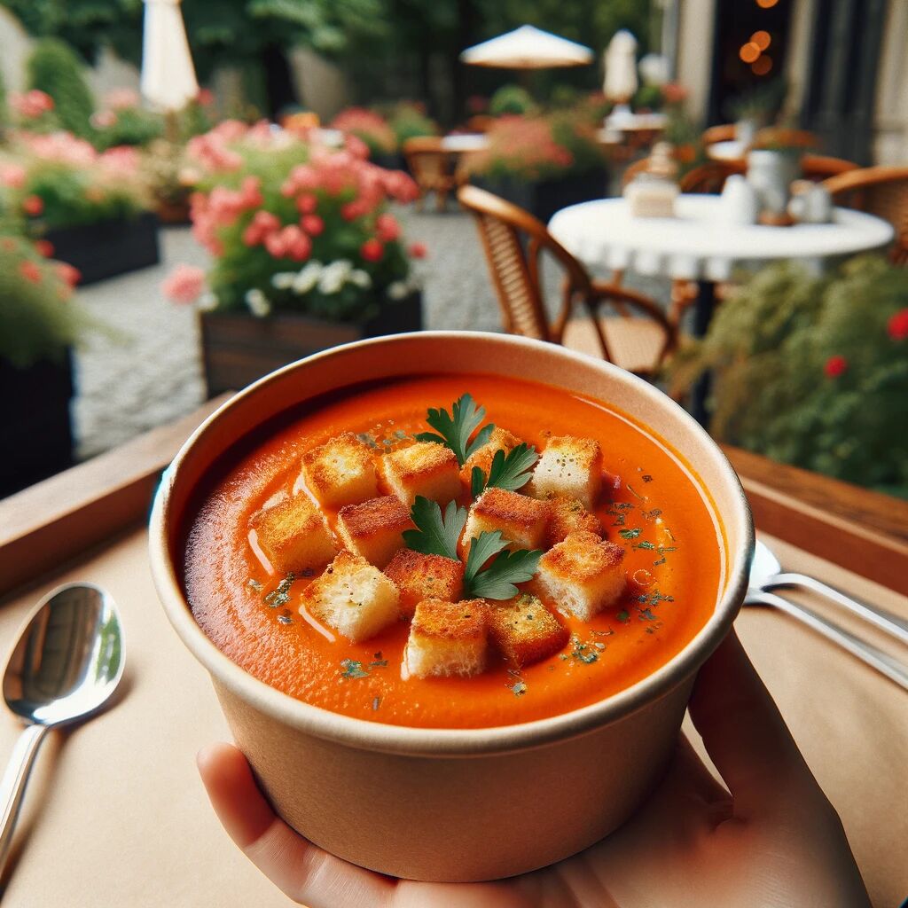 krem pomidorowy z grzankami na wynos | tomato cream soup with croutons to go
