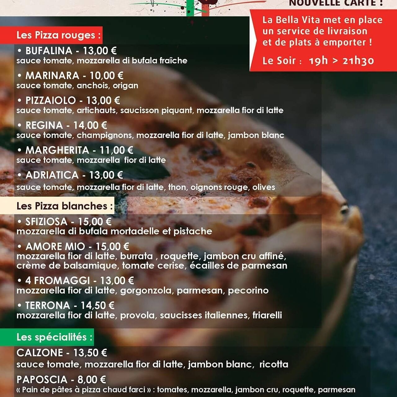 Carte pizza emporter ou livraison