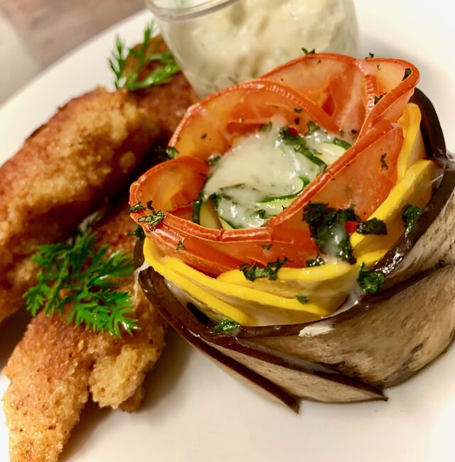 Croustillant de julienne et son tian de légumes à la provençale