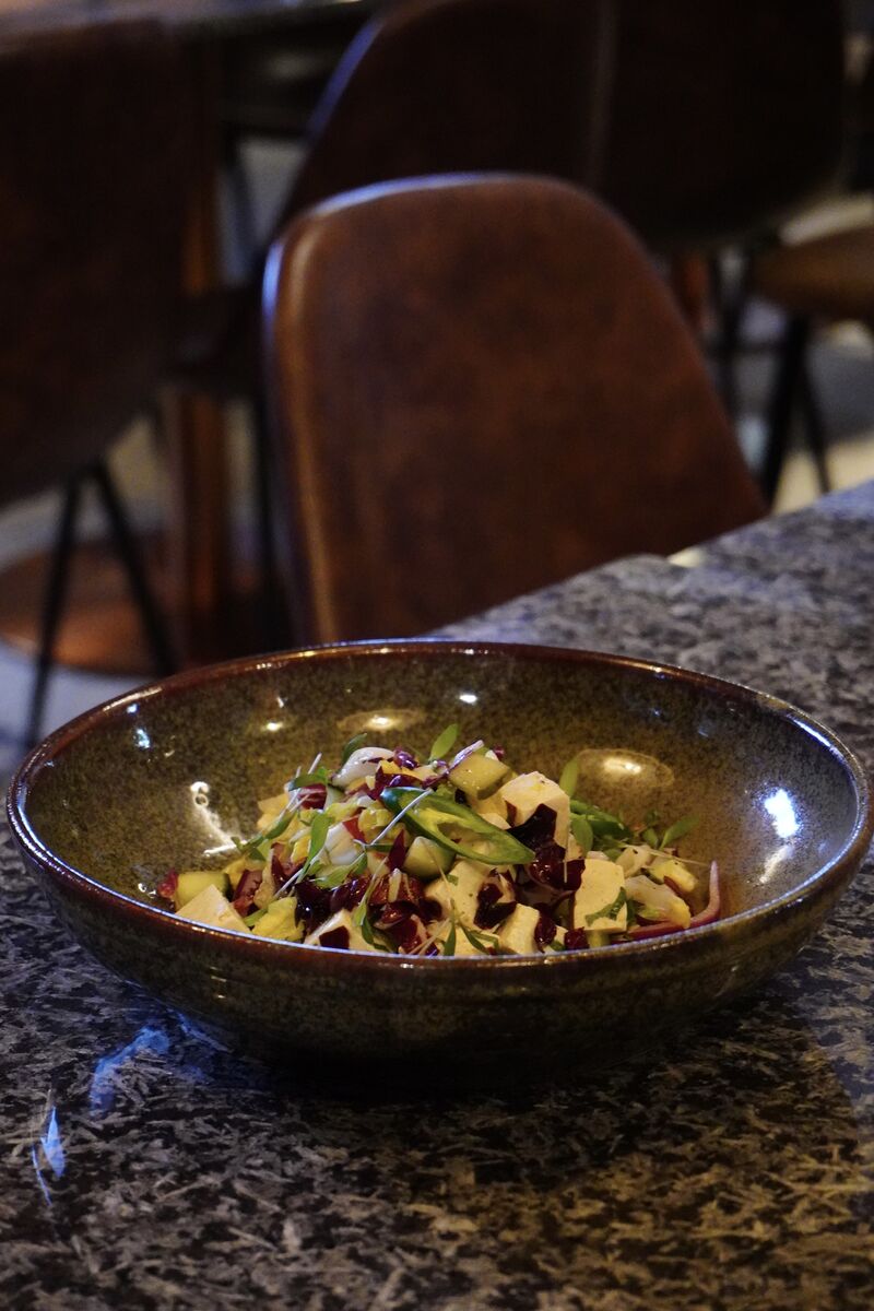 Salada de Tofu, Chicória Vermelha, Malagueta, Alface Coração, Molho Cítrico Picante