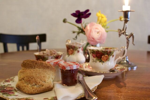 Cream Tea - a homemade scone with homemade strawberry jam, Schmand and a cuppa tea