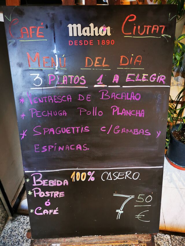 Platos del día + refresco, agua copa de vino o caña + postre o café 7.50€ día 5/11/2019