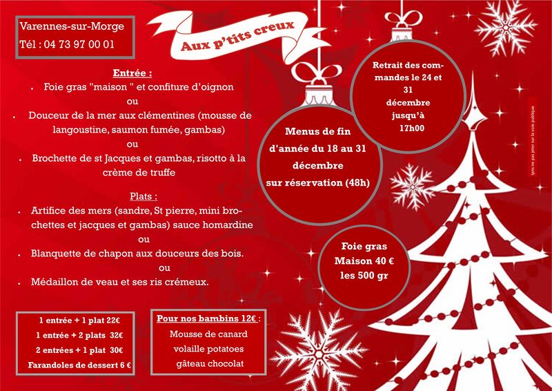 Menu de Noël et du 31 décembre (formule plat à emporter)