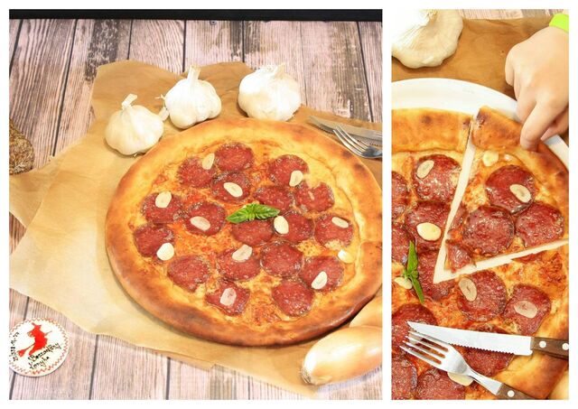 Téliszalámis pizza, sajttal töltött széllel