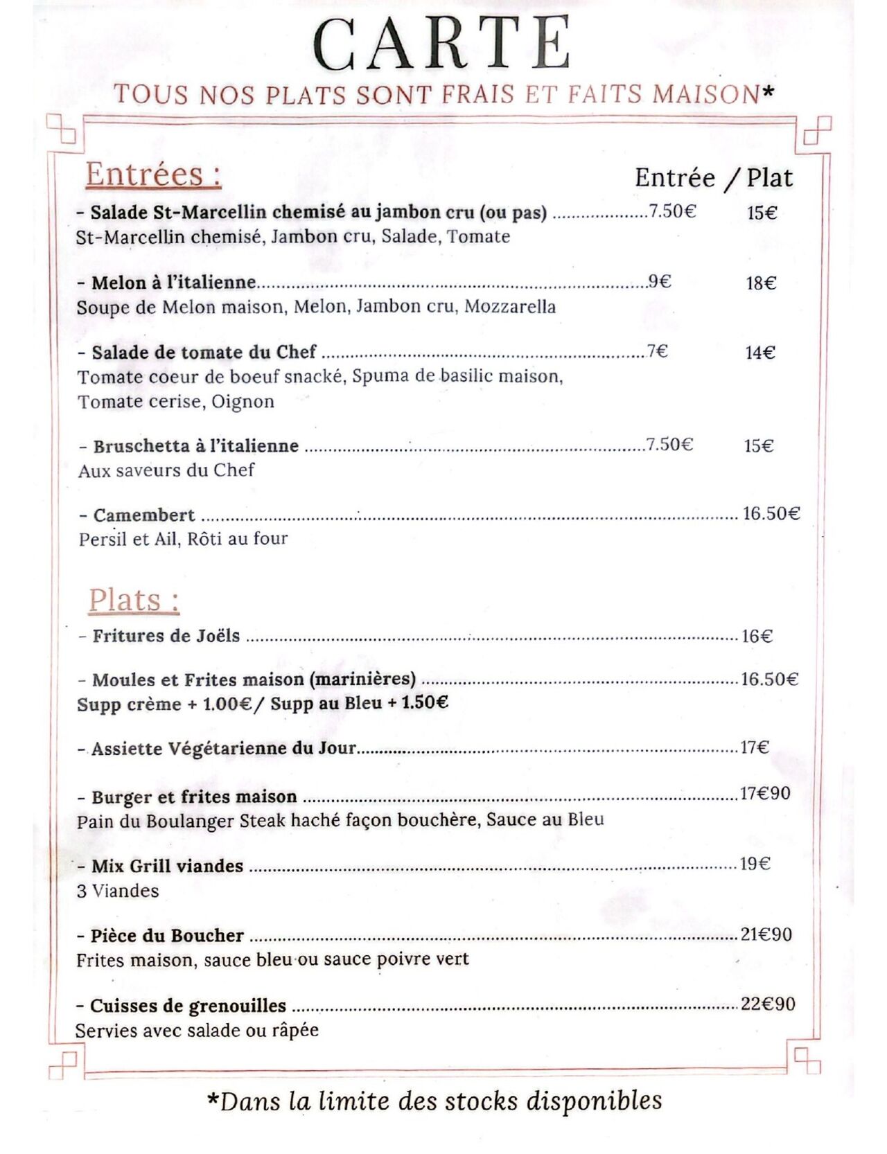 Les types de menus du jour du moment que nous proposons