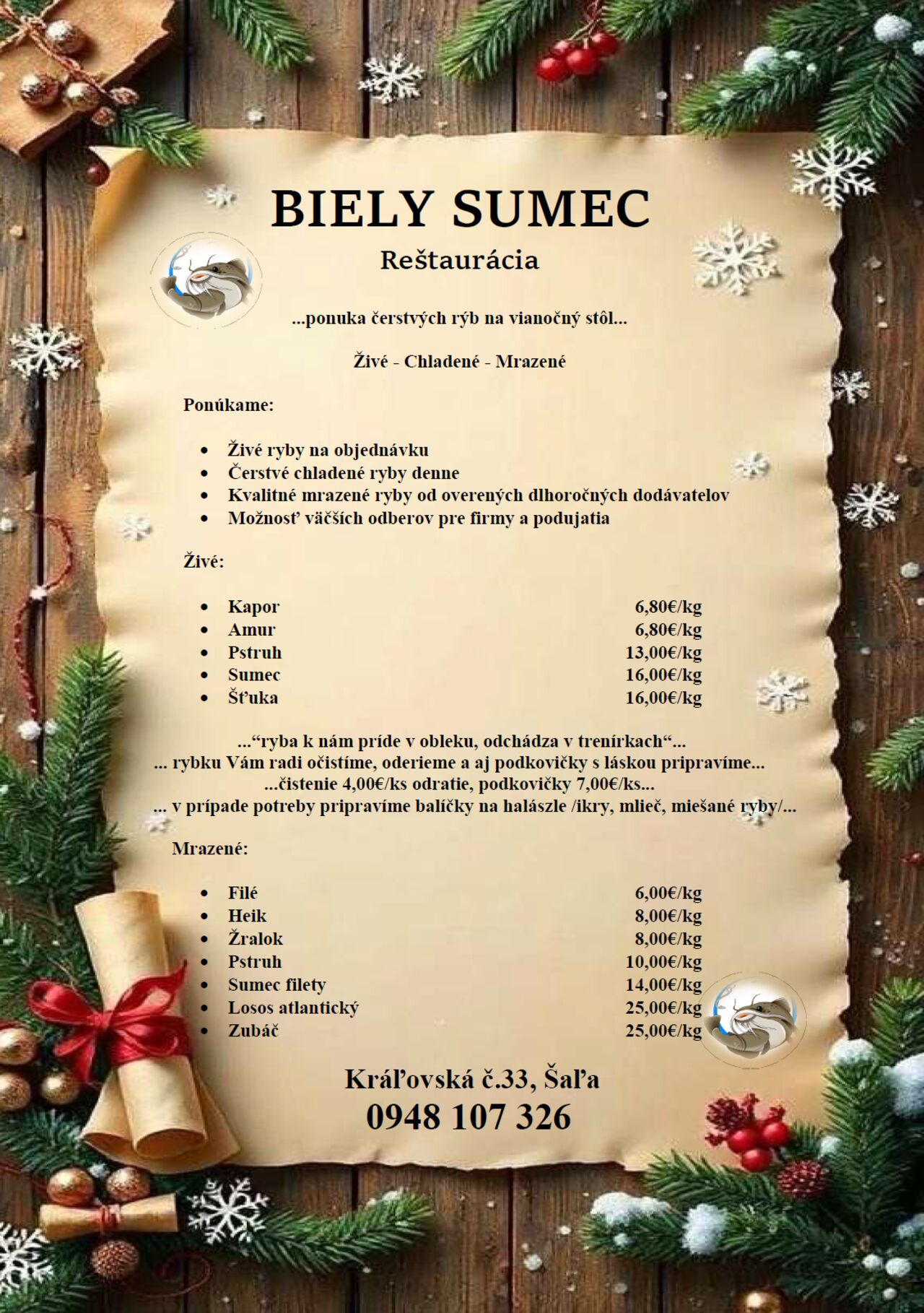 Ponuka čerstvých rýb na vianočný stôl.