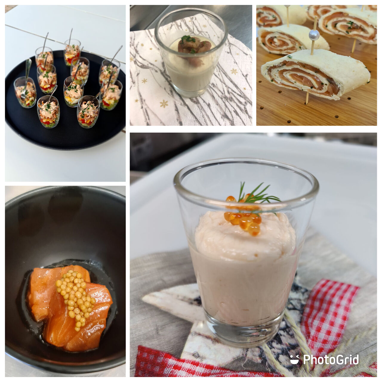 Garnaalcoctail,sashimi van zalm,wrap met gerookte zalm,bloemkoolmousemet garnaal, zalmmousse