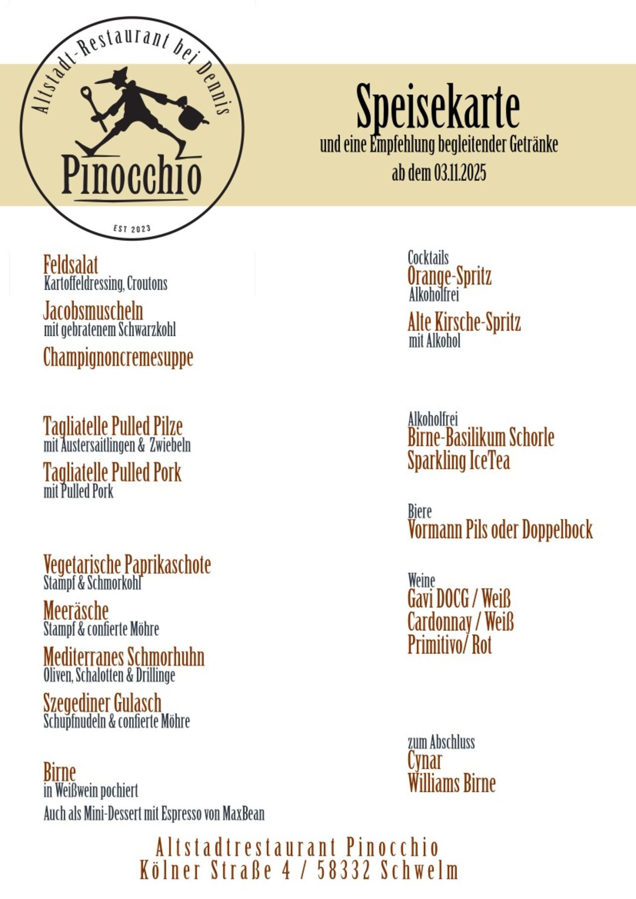 Unsere Speisekarte vom 03.11.2025 bis zum 15.11.2025