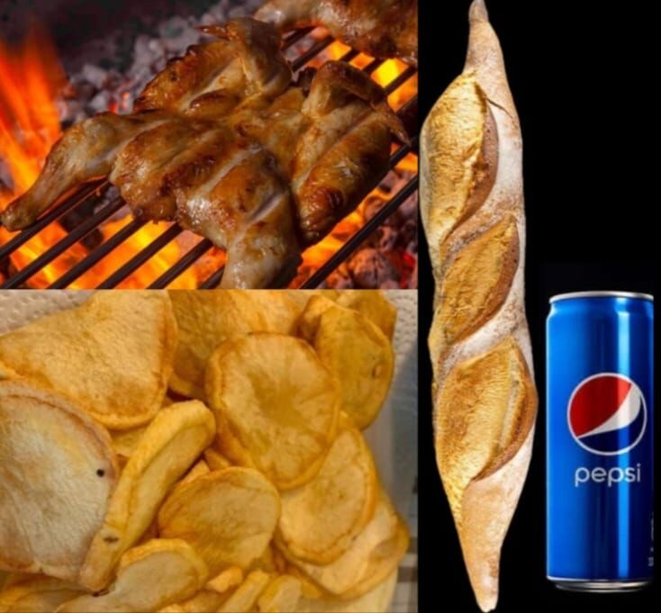Menu 2: 1/2 pollo al carbón + Patatas fritas caseras (400g) + Pepsi lata + barra de pan + Salsa -Precio 11 €-