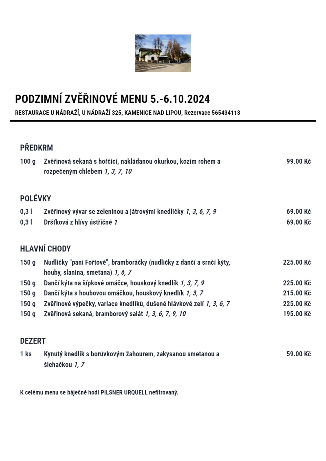 PODZIMNÍ ZVĚŘINOVÉ MENU 5.-6.10.2024