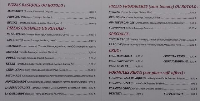 Carte des pizzas