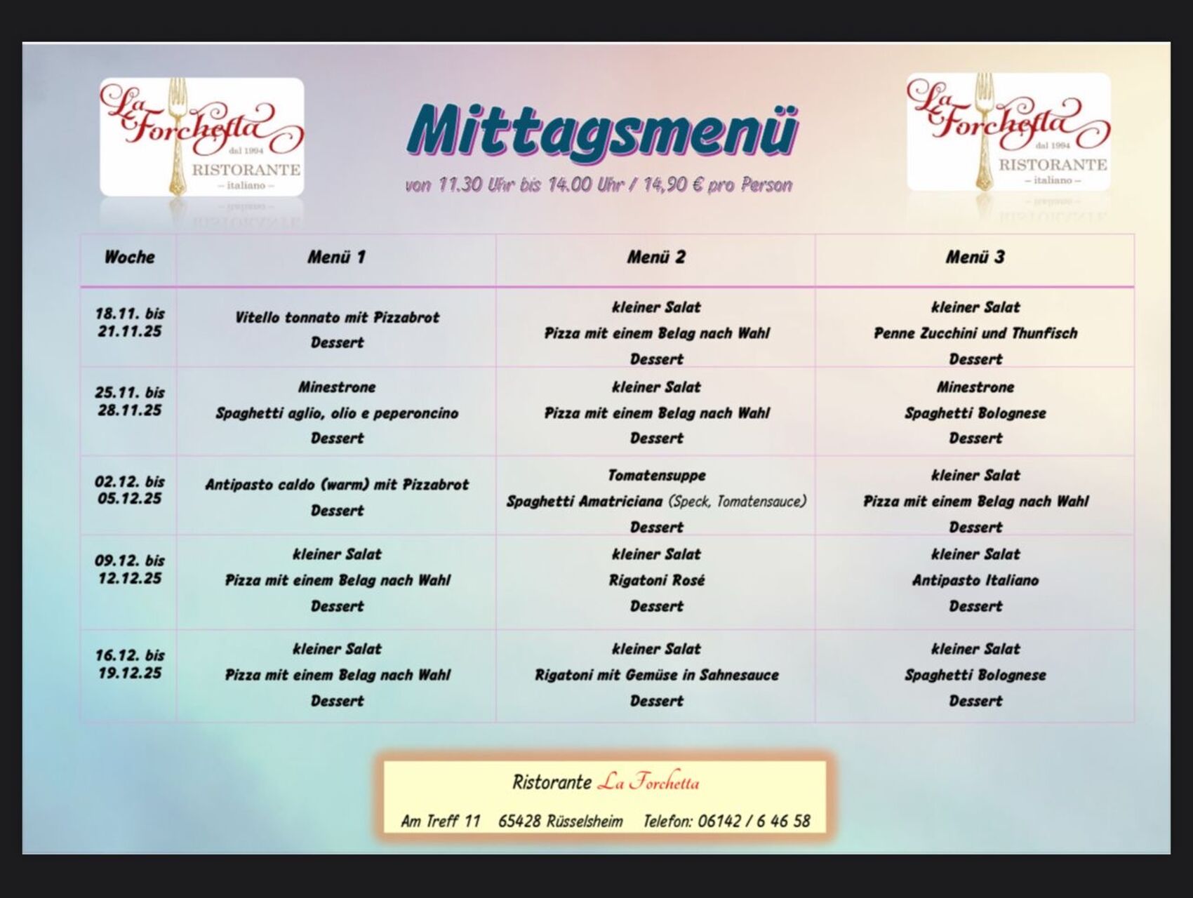 Unser Mittagsmenü: Italienische Mittagspause bei La Forchetta für EUR 14,90