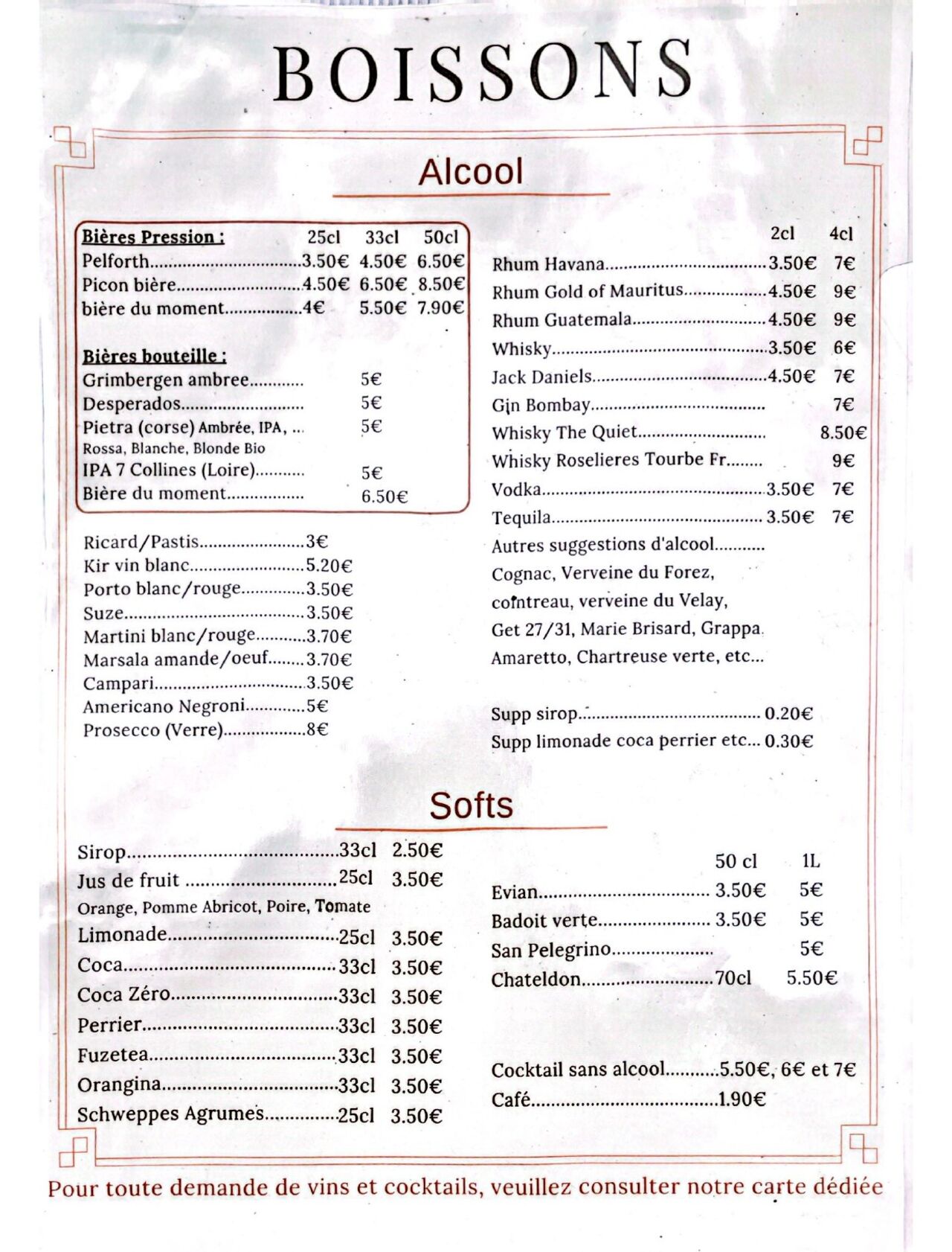 Carte des Boissons