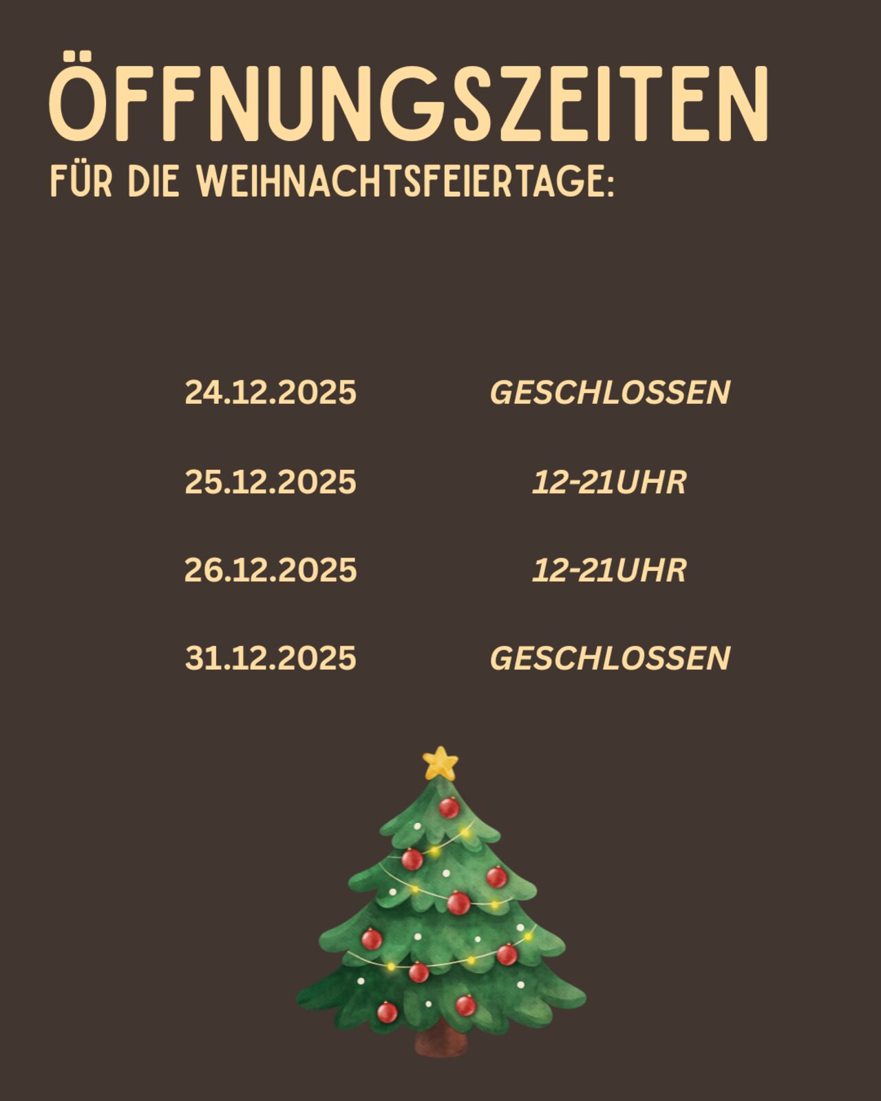 Öffnungszeiten | Weihnachtsfeiertage