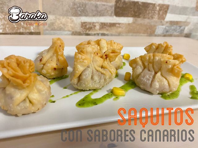 Ruta de las tapas Puerto de la Cruz 2020, Saquitos con sabores canarios: carne de cabra, almogrote, costillas saladas.