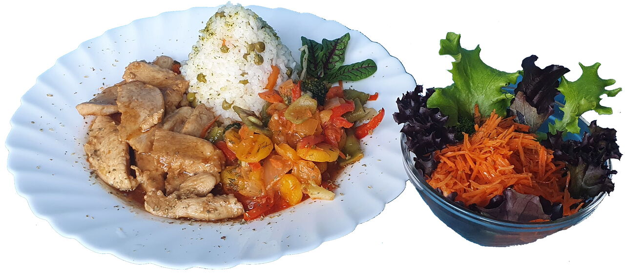 Hähnchenbrustfilet mit Reis und Salat