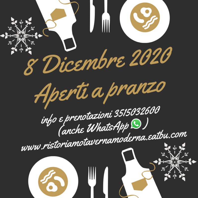 8 Dicembre 2020 al Ristoriamo
Vi aspettiamo a pranzo.
info e prenotazioni 3515032600 oppure 3204053826 (anche WhatsApp)
