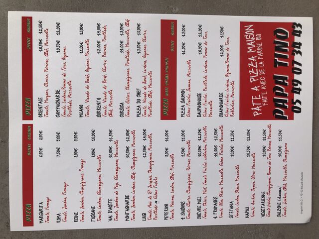 Carte des pizzas à emporter 