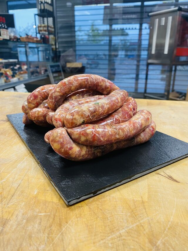 Saucisses d'agneau raisins/poivrons/cumin 