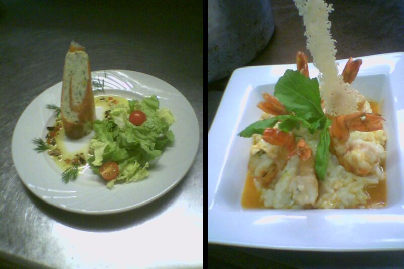 Rouleau de saumon fumé aux rillettes de morue / Risotto de Gambas au parmesan