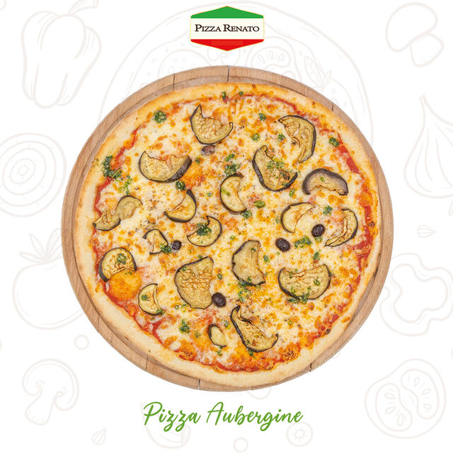 Tomate, fromage, aubergines, persillade, Mozzarella, olives et origan.33 cm.