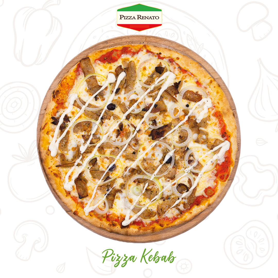 Tomates, fromage, kebab et oignons. 33 cm.