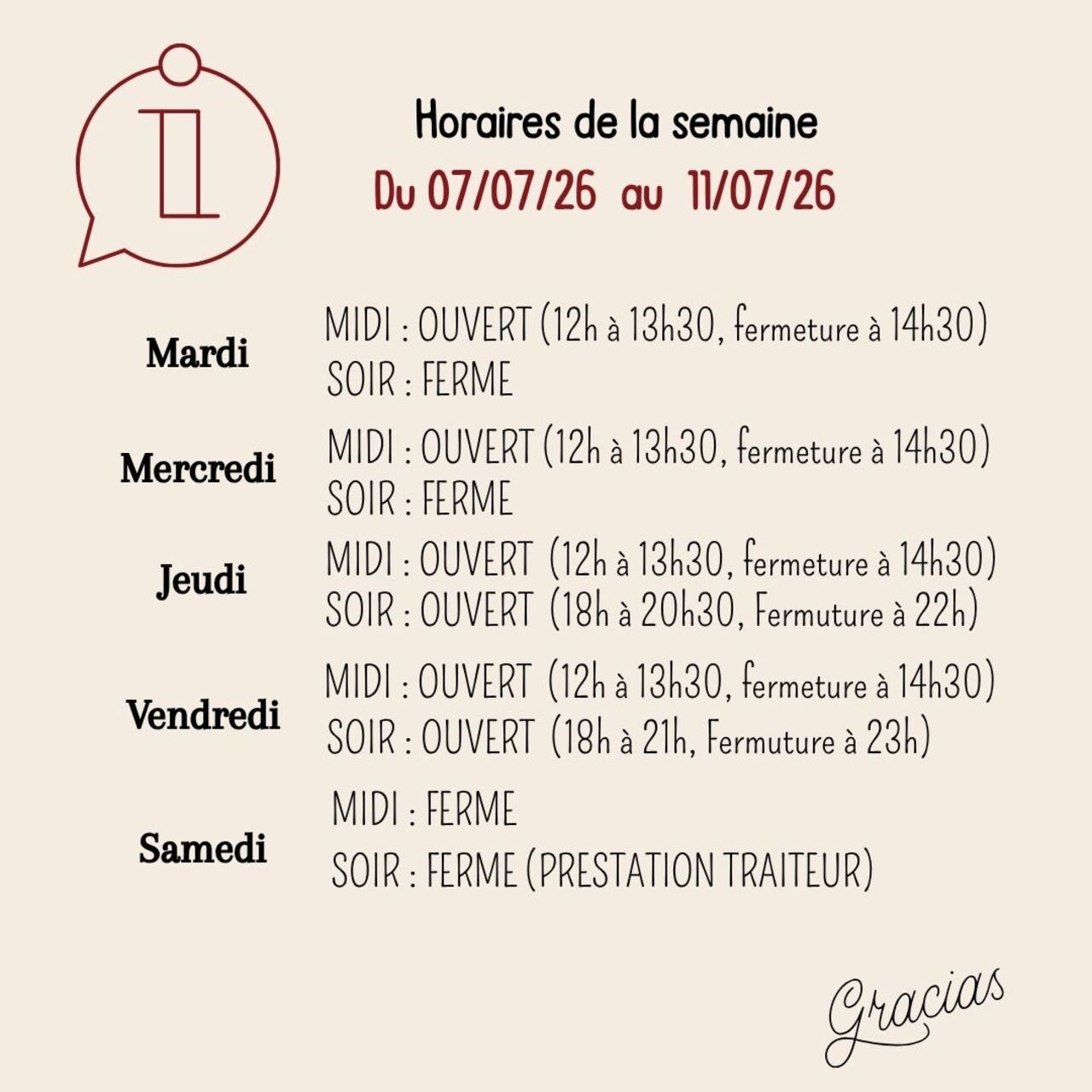 HORAIRES RESTAURANT