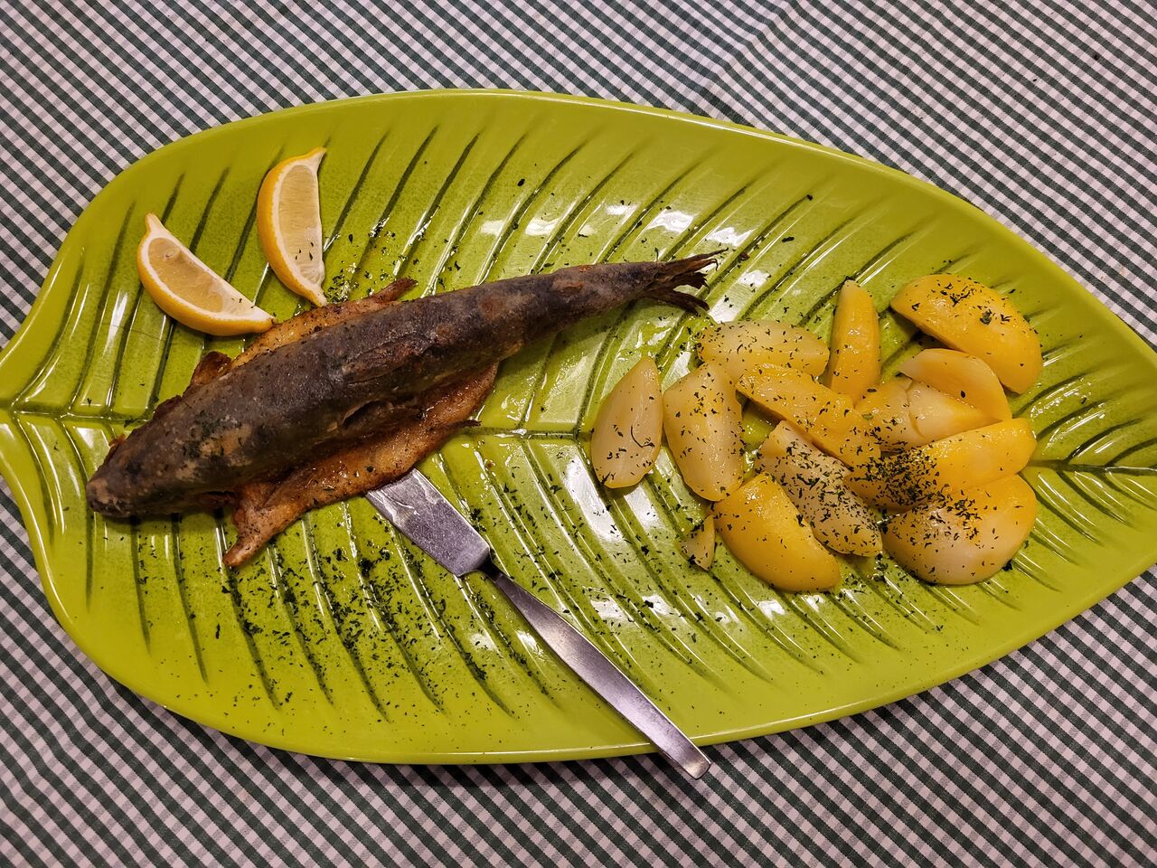 Forelle gebacken mit Salzkartoffeln und Beilagensalat