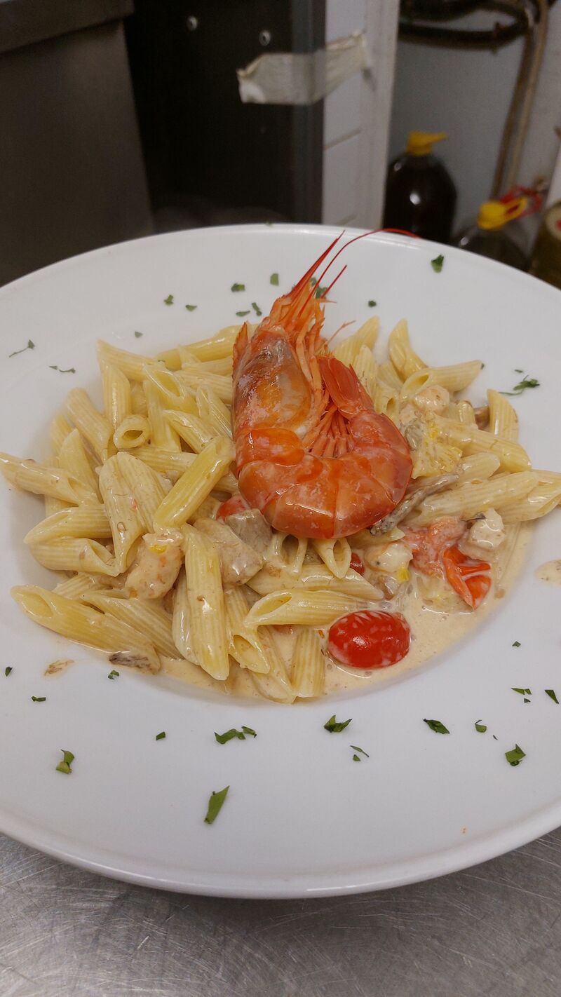 penne aux cepes et crevettes