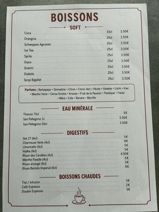 Carte des boissons 